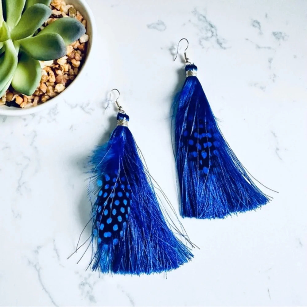2/$30🌵 Royal Blue Feather Earrings Black Polka Dot Dangle Bohemian Hippie Boho